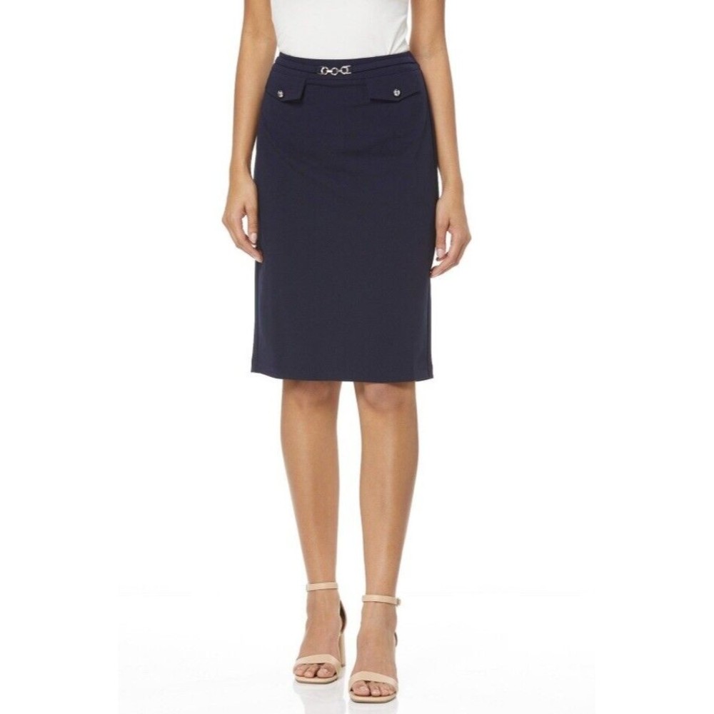 Cato Navy Pull On Stretch Dress Skirt Silver Link Pocket Size XS
